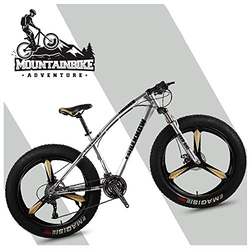 Fat Tyre Mountain Bike : NENGGE 26 Inch Hardtail Mountain Bikes with Fat Tire for Adults Men Women, Mountain Trail Bike with Front Suspension Disc Brakes, High-Carbon Steel Mountain Bicycle, Silver 3 Spoke, 21 Speed