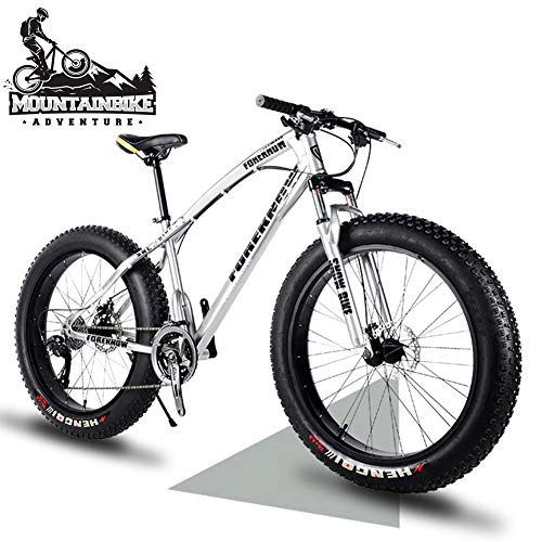 Fat Tyre Mountain Bike : NENGGE 26 Inch Hardtail Mountain Bikes with Fat Tire for Adults Men Women, Mountain Trail Bike with Front Suspension Disc Brakes, High-Carbon Steel Mountain Bicycle, Silver Spoke, 27 Speed