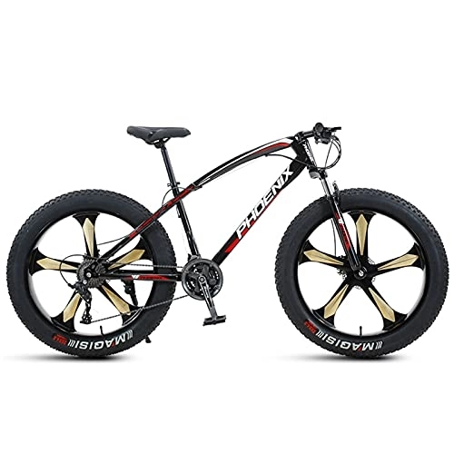 Fat Tyre Mountain Bike : NENGGE 26 Inch Mountain Bike for Boys, Girls, Mens and Womens, Adult Fat Tire Mountain Bicycle, Carbon Steel Beach Snow Outdoor Bike, Hardtail, Disc Brakes, Red 5 Spoke, 21 Speed