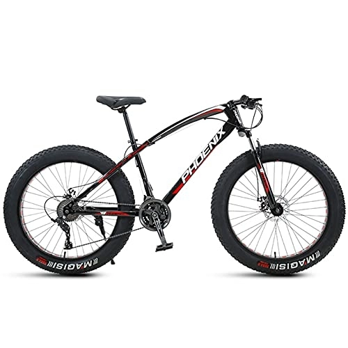 Fat Tyre Mountain Bike : NENGGE 26 Inch Mountain Bike for Boys, Girls, Mens and Womens, Adult Fat Tire Mountain Bicycle, Carbon Steel Beach Snow Outdoor Bike, Hardtail, Disc Brakes, Red Spoke, 7 Speed
