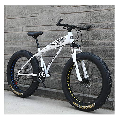 Fat Tyre Mountain Bike : NENGGE Adult Mountain Bikes, Boys Girls Fat Tire Mountain Trail Bike, Dual Disc Brake Hardtail Mountain Bike, High-carbon Steel Frame, Bicycle, White C, 24 Inch 27 Speed