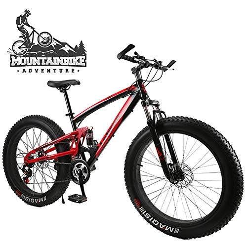 Fat Tyre Mountain Bike : NENGGE Dual-Suspension Mountain Bike with Mechanical Disc Brakes, Fat Tire Mountain Trail Bikes for Adults Men Women, High Carbon Steel Mountain Bicycle, Adjustable Seat, Black, 26 Inch 24 Speed