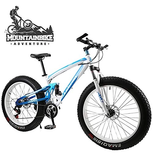 Fat Tyre Mountain Bike : NENGGE Dual-Suspension Mountain Bike with Mechanical Disc Brakes, Fat Tire Mountain Trail Bikes for Adults Men Women, High Carbon Steel Mountain Bicycle, Adjustable Seat, Blue, 24 Inch 7 Speed