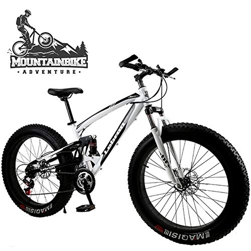Fat Tyre Mountain Bike : NENGGE Dual-Suspension Mountain Bike with Mechanical Disc Brakes, Fat Tire Mountain Trail Bikes for Adults Men Women, High Carbon Steel Mountain Bicycle, Adjustable Seat, White, 26 Inch 30 Speed