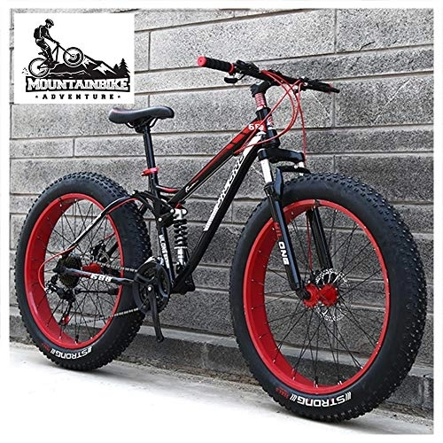 Fat Tyre Mountain Bike : NENGGE Dual-Suspension Mountain Bikes with Dual Disc Brake for Adults Men Women, All Terrain Anti-Slip Fat Tire Mountain Bicycle, High-carbon Steel Mountain Trail Bike, Red, 24 Inch 21 Speed