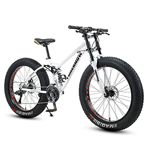 Fat Tyre Mountain Bike : NENGGE Fat Tire Bike for Men Women, 24-Inch Wheels, 4-Inch Wide Knobby Tires 7 / 21 / 24 / 27 / 30 Speed Beach Snow Mountain Bicycle, Dual-Suspension & Dual Disc Brake, White, 21 Speed