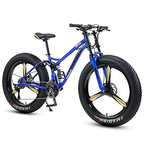 Fat Tyre Mountain Bike : NENGGE Fat Tire Bike for Men Women, 26-Inch Wheels, 4-Inch Wide Knobby Tires 7 / 21 / 24 / 27 / 30 Speed Beach Snow Mountain Bicycle, Dual-Suspension & Dual Disc Brake, Blue 3 Spoke, 27 Speed