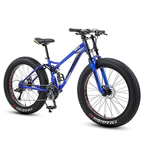 Fat Tyre Mountain Bike : NENGGE Fat Tire Bike for Men Women, 26-Inch Wheels, 4-Inch Wide Knobby Tires 7 / 21 / 24 / 27 / 30 Speed Beach Snow Mountain Bicycle, Dual-Suspension & Dual Disc Brake, Blue Spoke, 21 Speed
