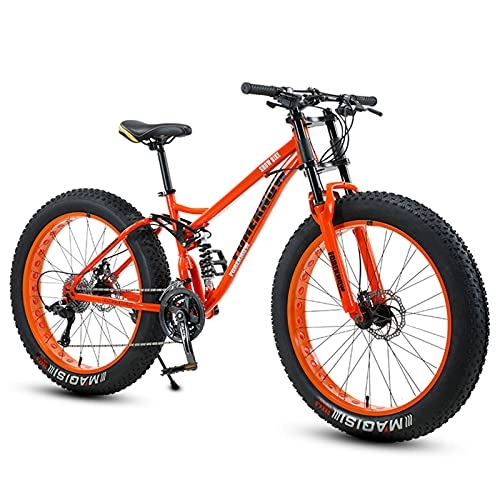 Fat Tyre Mountain Bike : NENGGE Fat Tire Bike for Men Women, 26-Inch Wheels, 4-Inch Wide Knobby Tires 7 / 21 / 24 / 27 / 30 Speed Beach Snow Mountain Bicycle, Dual-Suspension & Dual Disc Brake, Orange Spoke, 30 Speed