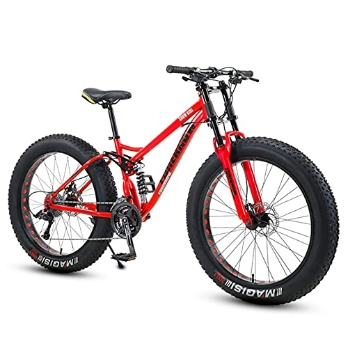 Fat Tyre Mountain Bike : NENGGE Fat Tire Bike for Men Women, 26-Inch Wheels, 4-Inch Wide Knobby Tires 7 / 21 / 24 / 27 / 30 Speed Beach Snow Mountain Bicycle, Dual-Suspension & Dual Disc Brake, Red Spoke, 21 Speed