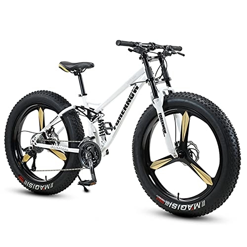 Fat Tyre Mountain Bike : NENGGE Fat Tire Bike for Men Women, 26-Inch Wheels, 4-Inch Wide Knobby Tires 7 / 21 / 24 / 27 / 30 Speed Beach Snow Mountain Bicycle, Dual-Suspension & Dual Disc Brake, White 3 Spoke, 24 Speed