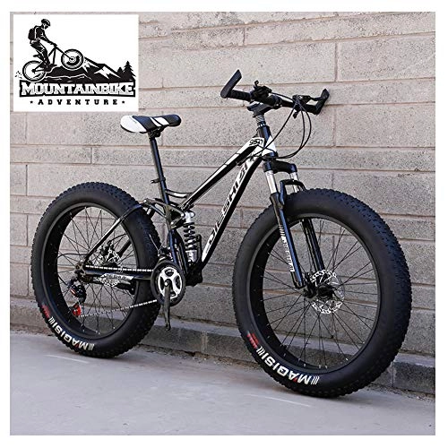 Fat Tyre Mountain Bike : NENGGE Full Suspension Mountain Bikes with Dual Disc Brake for Adults Men Women, High-Carbon Steel Fat Tire Mountain Trail Bike All Terrain Mountain Bicycle, Black, 26 Inch 7 Speed