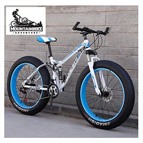Fat Tyre Mountain Bike : NENGGE Full Suspension Mountain Bikes with Dual Disc Brake for Adults Men Women, High-Carbon Steel Fat Tire Mountain Trail Bike All Terrain Mountain Bicycle, Blue 2, 26 Inch 7 Speed