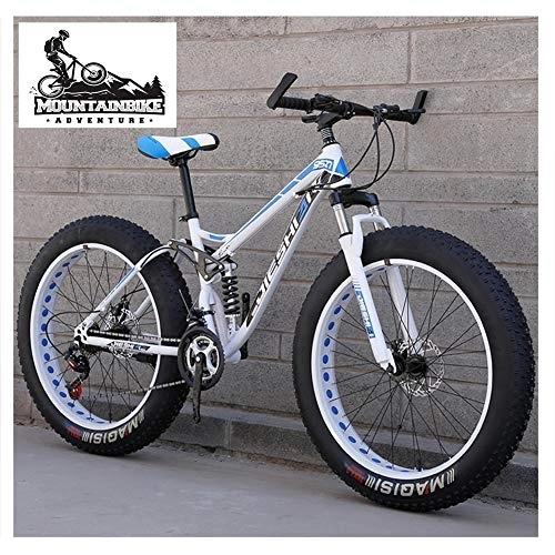 Fat Tyre Mountain Bike : NENGGE Full Suspension Mountain Bikes with Dual Disc Brake for Adults Men Women, High-Carbon Steel Fat Tire Mountain Trail Bike All Terrain Mountain Bicycle, New Blue 2, 26 Inch 21 Speed