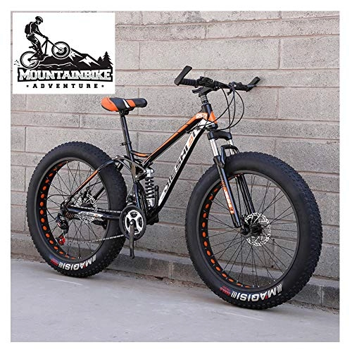 Fat Tyre Mountain Bike : NENGGE Full Suspension Mountain Bikes with Dual Disc Brake for Adults Men Women, High-Carbon Steel Fat Tire Mountain Trail Bike All Terrain Mountain Bicycle, New Orange, 24 Inch 21 Speed