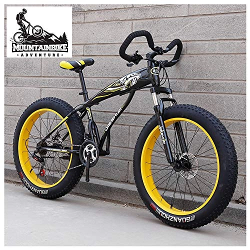 Fat Tyre Mountain Bike : NENGGE Hardtail Fat Tire Mountain Bike for Adults, Men Women Mountain Trail Bike with Dual Disc Brake, High-carbon Steel Front Suspension All Terrain Mountain Bicycle, Yellow, 24 Inch 7 Speed