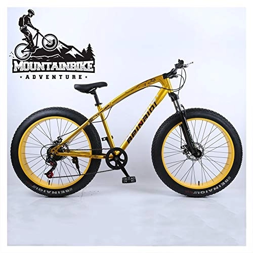 Fat Tyre Mountain Bike : NENGGE Hardtail Mountain Bike 26 Inch with Mechanical Disc Brakes for Men and Women, Fat Tire Adults Mountain Bicycle, High Carbon Steel & Adjustable Seat & Front Suspension, Gold, 7 Speed