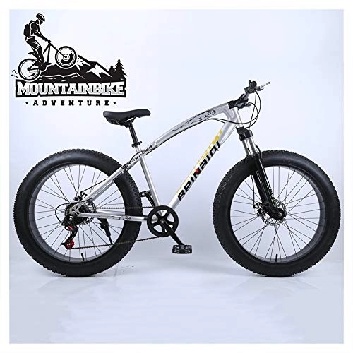 Fat Tyre Mountain Bike : NENGGE Hardtail Mountain Bike 26 Inch with Mechanical Disc Brakes for Men and Women, Fat Tire Adults Mountain Bicycle, High Carbon Steel & Adjustable Seat & Front Suspension, Silver, 7 Speed