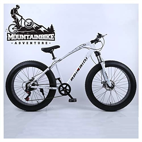 Fat Tyre Mountain Bike : NENGGE Hardtail Mountain Bike 26 Inch with Mechanical Disc Brakes for Men and Women, Fat Tire Adults Mountain Bicycle, High Carbon Steel & Adjustable Seat & Front Suspension, White, 27 Speed
