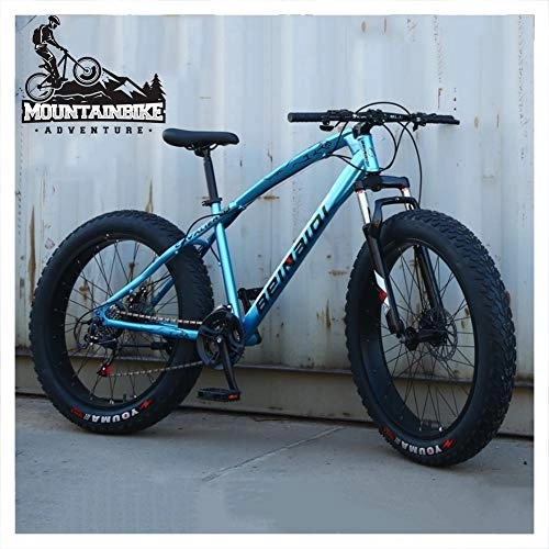 Fat Tyre Mountain Bike : NENGGE Hardtail Mountain Bikes with 24 Inch Fat Tire for Adults Men Women, Anti-Slip Mountain Bicycle with Front Suspension & Mechanical Disc Brakes, High Carbon Steel Frame, Blue, 7 Speed