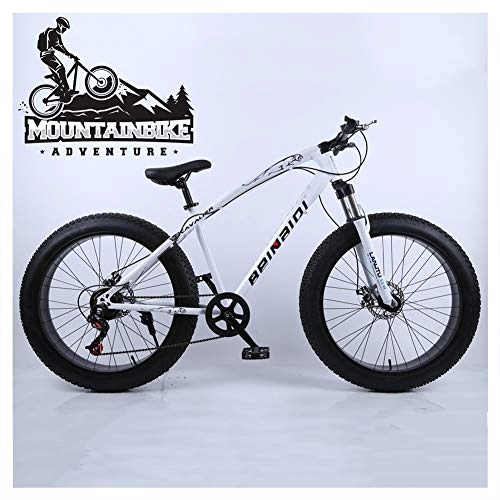 Fat Tyre Mountain Bike : NENGGE Hardtail Mountain Bikes with 24 Inch Fat Tire for Adults Men Women, Anti-Slip Mountain Bicycle with Front Suspension & Mechanical Disc Brakes, High Carbon Steel Frame, White, 7 Speed