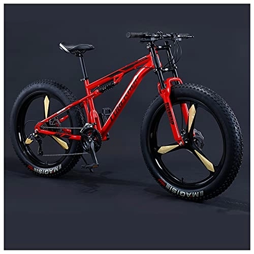 Fat Tyre Mountain Bike : NENGGE Mens Women Fat Tire Mountain Bike, 26-Inch Wheels, 4-Inch Wide Off-road Tires, 7 / 21 / 24 / 27 / 30 Speed Full Suspension Moutain Bicycle for Adults Teens, Carbon Steel, 30 Speed, Red 3 Spoke