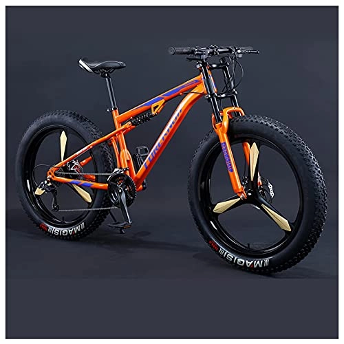 Fat Tyre Mountain Bike : NZKW 26 Inch Fat Tire Hardtail Mountain Bike for Men and Women, Dual-Suspension Adult Mountain Trail Bikes, All Terrain Bicycle with Adjustable Seat & Dual Disc Brake, 30 Speed, Orange 3 Spoke