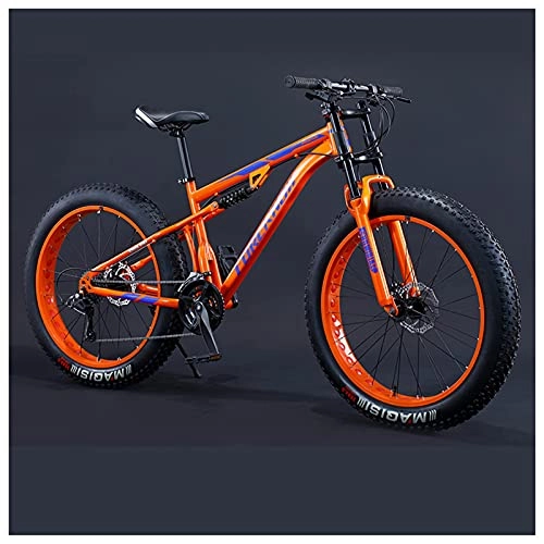 Fat Tyre Mountain Bike : NZKW 26 Inch Fat Tire Hardtail Mountain Bike for Men and Women, Dual-Suspension Adult Mountain Trail Bikes, All Terrain Bicycle with Adjustable Seat & Dual Disc Brake, 7 Speed, Orange Spoke
