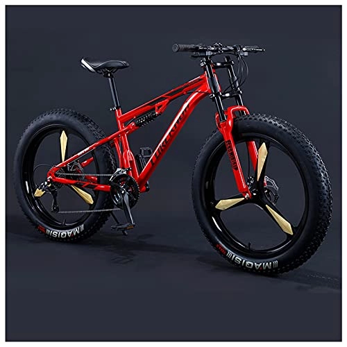 Fat Tyre Mountain Bike : NZKW 26 Inch Fat Tire Hardtail Mountain Bike for Men and Women, Dual-Suspension Adult Mountain Trail Bikes, All Terrain Bicycle with Adjustable Seat & Dual Disc Brake, 7 Speed, Red 3 Spoke