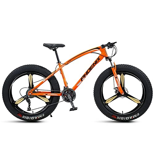 Fat Tyre Mountain Bike : NZKW 26 Inch Mountain Bike for Boys, Girls, Mens and Womens, Adult Fat Tire Mountain Bicycle, Carbon Steel Beach Snow Outdoor Bike, Hardtail, Disc Brakes, Orange 3 Spoke, 7 Speed