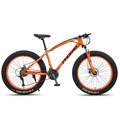 Fat Tyre Mountain Bike : NZKW 26 Inch Mountain Bike for Boys, Girls, Mens and Womens, Adult Fat Tire Mountain Bicycle, Carbon Steel Beach Snow Outdoor Bike, Hardtail, Disc Brakes, Orange Spoke, 30 Speed