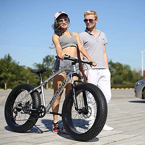 Fat Tyre Mountain Bike : NZKW Adult Dual Disc Brake Hardtail Mountain Bike, Speed Shock Absorber Mountain Road Bikes Cycling High-Carbon Steel Frame, 7 Speed 24 / 26 Inch for Beach, Desert, Snow, Silver, 7speed 24 inch