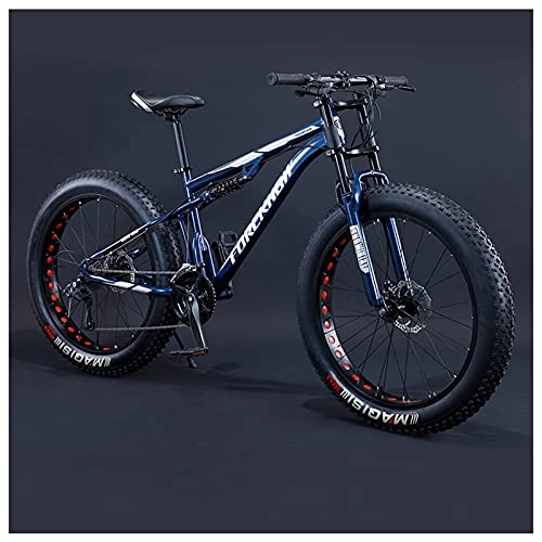 Fat Tyre Mountain Bike : NZKW Dual-Suspension Mountain Bikes with Dual Disc Brake for Adults Men Women 26 / 24 Inch All Terrain Anti-Slip Fat Tire Mountain Bicycle, Carbon Steel Mountain Trail Bike, Blue, 26 Inch 7 Speed