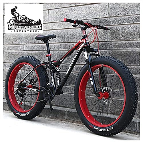 Fat Tyre Mountain Bike : NZKW Dual-Suspension Mountain Bikes with Dual Disc Brake for Adults Men Women, All Terrain Anti-Slip Fat Tire Mountain Bicycle, High-carbon Steel Mountain Trail Bike, Red, 24 Inch 21 Speed