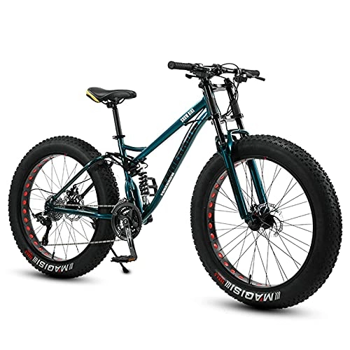 Fat Tyre Mountain Bike : NZKW Fat Tire Bike for Men Women, 24-Inch Wheels, 4-Inch Wide Knobby Tires 7 / 21 / 24 / 27 / 30 Speed Beach Snow Mountain Bicycle, Dual-Suspension & Dual Disc Brake, Green, 24 Speed