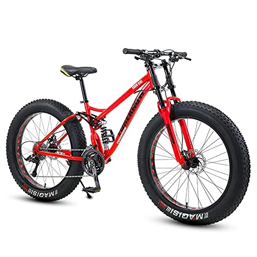 Fat Tyre Mountain Bike : NZKW Fat Tire Bike for Men Women, 24-Inch Wheels, 4-Inch Wide Knobby Tires 7 / 21 / 24 / 27 / 30 Speed Beach Snow Mountain Bicycle, Dual-Suspension & Dual Disc Brake, Red, 24 Speed