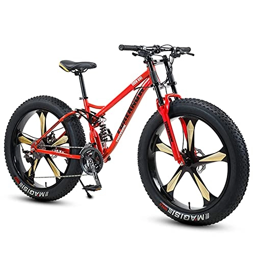 Fat Tyre Mountain Bike : NZKW Fat Tire Bike for Men Women, 26-Inch Wheels, 4-Inch Wide Knobby Tires 7 / 21 / 24 / 27 / 30 Speed Beach Snow Mountain Bicycle, Dual-Suspension & Dual Disc Brake, Red 5 Spoke, 27 Speed