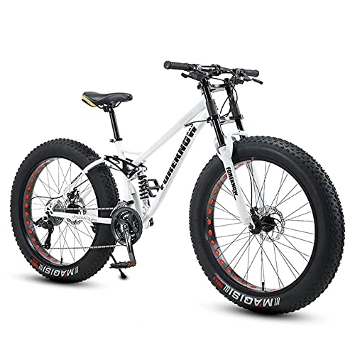 Fat Tyre Mountain Bike : NZKW Fat Tire Bike for Men Women, 26-Inch Wheels, 4-Inch Wide Knobby Tires 7 / 21 / 24 / 27 / 30 Speed Beach Snow Mountain Bicycle, Dual-Suspension & Dual Disc Brake, White Spoke, 7 Speed
