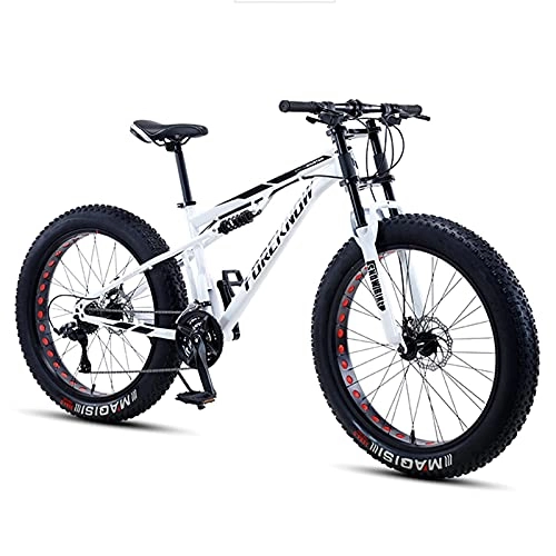 Fat Tyre Mountain Bike : NZKW Mountain Bike 26 Inch Fat Tire for Men and Women, Dual-Suspension Adult Mountain Trail Bikes, All Terrain Bicycle with Adjustable Seat & Dual Disc Brake, White, 21 Speed
