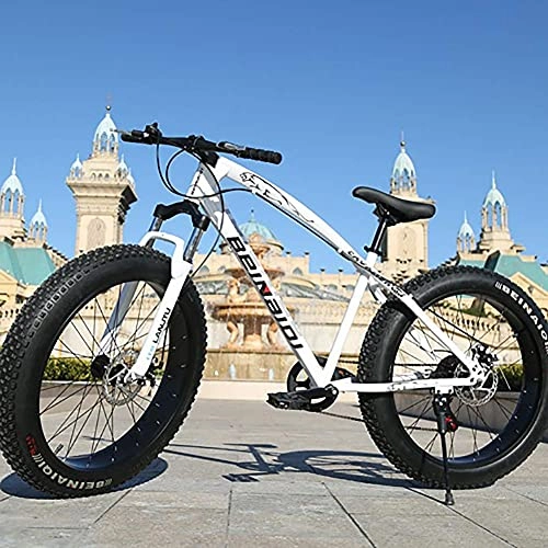Fat Tyre Mountain Bike : NZKW Mountain Bike Fat Tire Bicycles Country Gearshift Bicycle, Outdoor Bicycle Student Carbon Steel Bicycle Full Suspension MTB for Beach, Desert, Snow, White, 7speed 26 inch
