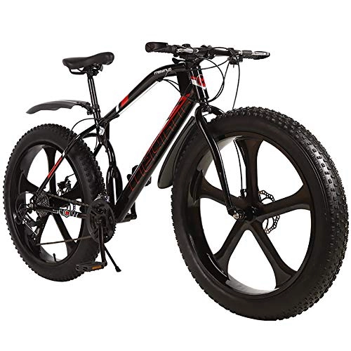Fat Tyre Mountain Bike : Outroad Fat Tire Mountain Bike Men, Snow Bike 26 Inch Speed, Double Disc Brake Anti Slip Bicycle 5 Spoke Wheels Black 27 Speed