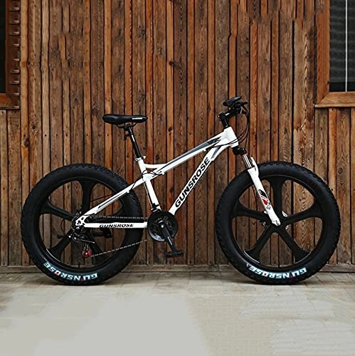 Fat Tyre Mountain Bike : PBTRM 26 Inch Fat Tire Mountain Bike, 21-Speed Dual Disc Brake Mens Bike, 4-Inch Wide Knobby Tires, Front Fork Suspension, High Carbon Steel Frame, Multiple Colors, White