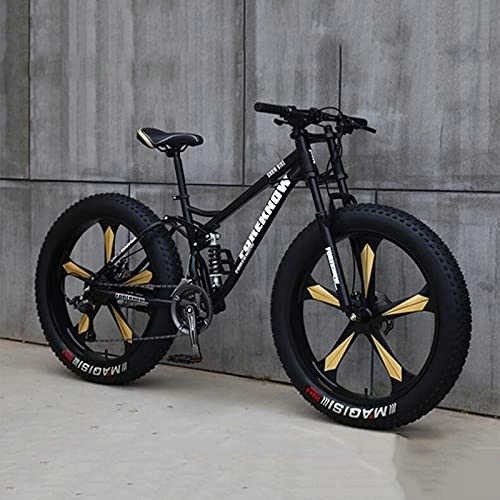 Fat Tyre Mountain Bike : PBTRM Adult Fat Tire Mountain Bike, 26-Inch Wheels, 4-Inch Wide Knobby Tires, 21 / 24 / 27-Speed, Steel Frame, Full Suspension Fork Dual Disc Brakes MTB, Multiple Colors, D, 21