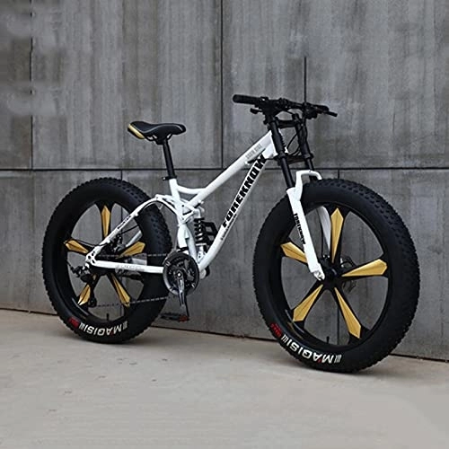 Fat Tyre Mountain Bike : PBTRM Adult Fat Tire Mountain Bike, 26-Inch Wheels, 4-Inch Wide Knobby Tires, 21 / 24 / 27-Speed, Steel Frame, Full Suspension Fork Dual Disc Brakes MTB, Multiple Colors, F, 27