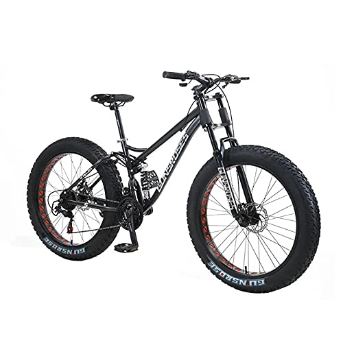 Fat Tyre Mountain Bike : PBTRM Fat Tire Mountain Bike for Men, Dual-Suspension Adult Mountain Trail Bikes, 24 / 26 Inch Wheels, 7 Speed, 4 Inch Knobby Tire, All Terrain Bicycle, Dual Disc Brake, Black, 26