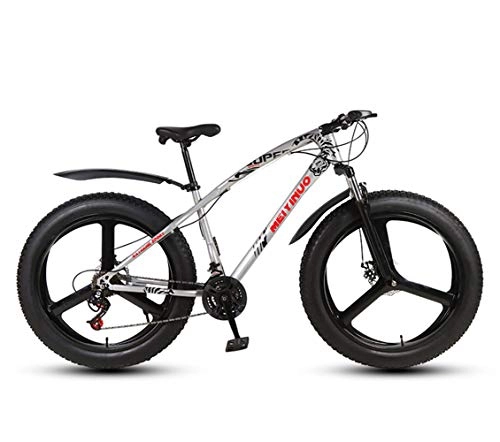 Fat Tyre Mountain Bike : Poooooi Bicycle 26 Inch Double Disc Snowmobile Wide Tires Off-Road ATV Transmission Bike Adult Mountain Bike, Silver, 27
