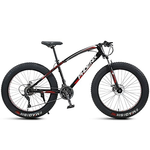 Fat Tyre Mountain Bike : PY 24 inch Mountain Bikes, Adult Fat Tire Mountain Trail Bike, 21 / 24 / 27 / 30 Speed Bicycle, High-Carbon Steel Frame Dual Full Suspension Dual Disc Brake / Black Red / 24Inch 24Speed
