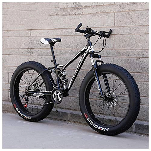 Fat Tyre Mountain Bike : QIMENG 24 Inch Mountain Bikes Fat Tire Beach Snowmobile Bicycle Suspension Fork All Terrain High-Carbon Steel Frame Dual Full Suspensin Bicycle Suitable for Height 145Cm-180Cm, F, 7 speed