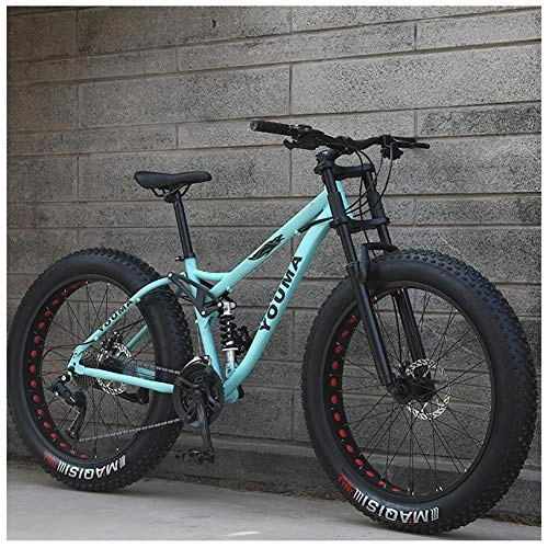 Fat Tyre Mountain Bike : QIMENG 26 Inch Mountain Bike Fat Tire Beach Snowmobile Bicycle 21 / 24 / 27 Speed Mens Women Carbon Steel Bicycle Dual Suspension Frame Suitable for Height 165-185Cm, Green, 21 speed