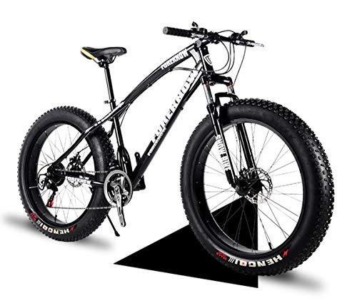 Fat Tyre Mountain Bike : Qj Mountain Bike, 26 Inch Fat Tire Road Bicycle Snow Bike Beach Bike High-Carbon Steel Frame, 7 / 21 / 24 / 27 Speed with Disc Brakes And Suspension Fork, Black, 27Speed